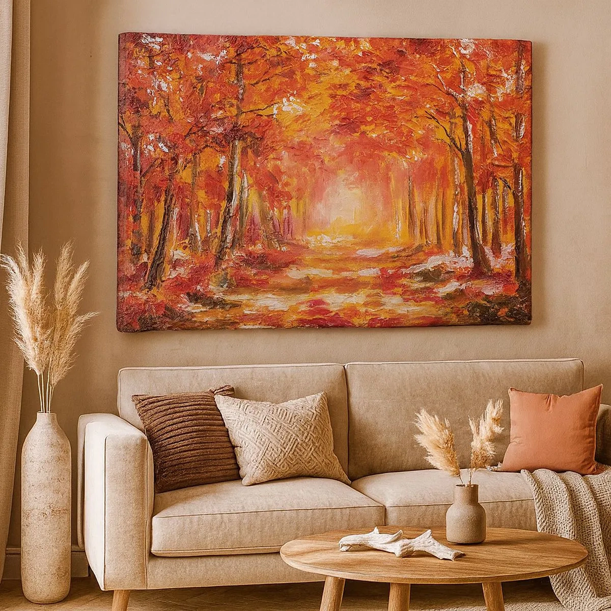 Quadro em tela - Floresta de outono em tons de cobre e dourado - 70x50cm - Floresta de cobre - Decoração de parede moderna para a sala de estar e quarto ARTTOR