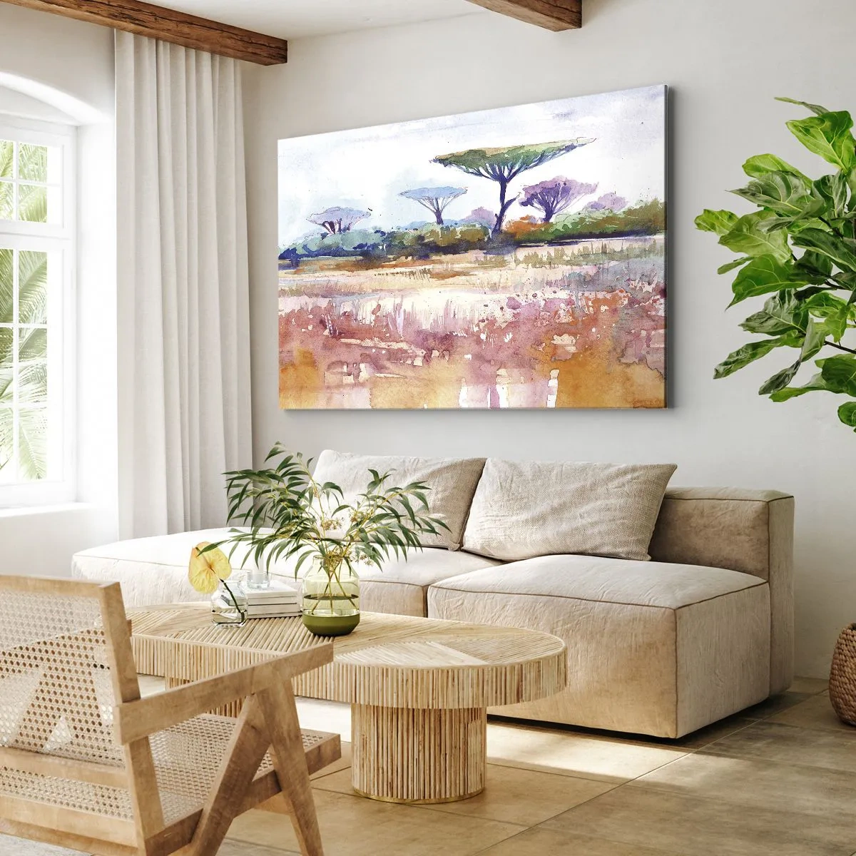 Quadro em tela - Uma paisagem pitoresca de savana em cores aquarela - 70x50cm - Cores da savana - Decoração de parede moderna para a sala de estar e quarto ARTTOR