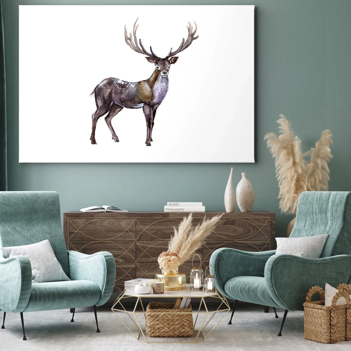Quadro em tela - Ilustração em aquarela de um veado com chifres majestosos - 70x50cm - Rei da Floresta do Norte - Decoração de parede moderna para a sala de estar e quarto ARTTOR