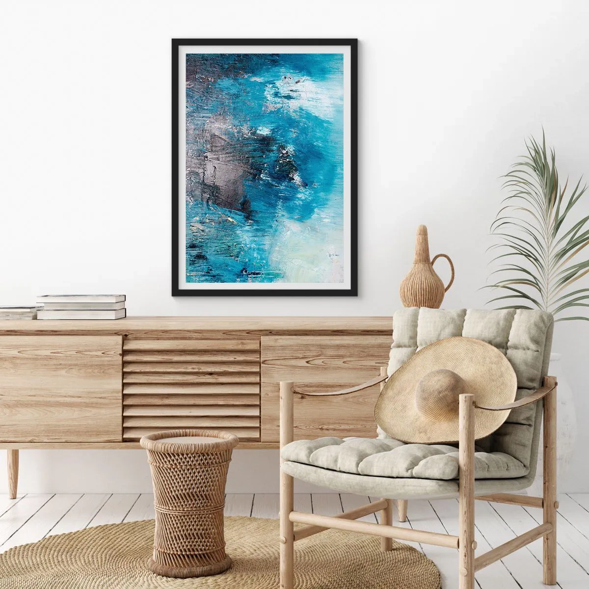 Pôster com moldura preta - Composição abstrata em tons de azul - 50x70cm - Rapsódia em azul - Decoração de parede moderna para a sala de estar e quarto ARTTOR