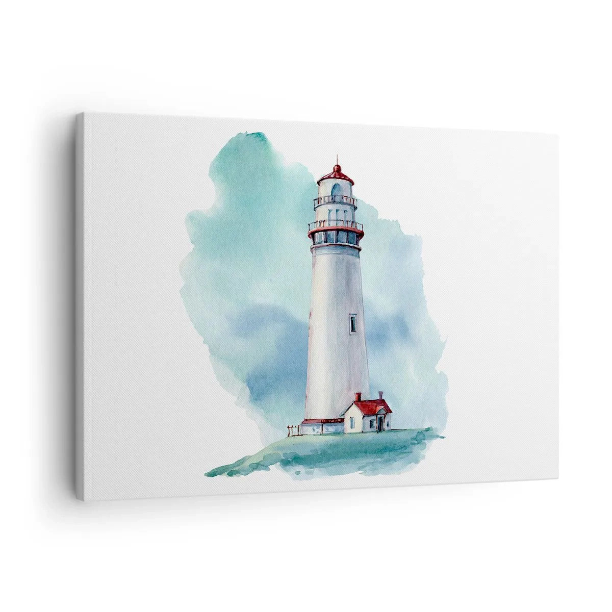 Quadro em tela - Um farol contra um fundo azul aquarela - 70x50cm - A gentil irmã do azul - Decoração de parede moderna para a sala de estar e quarto ARTTOR