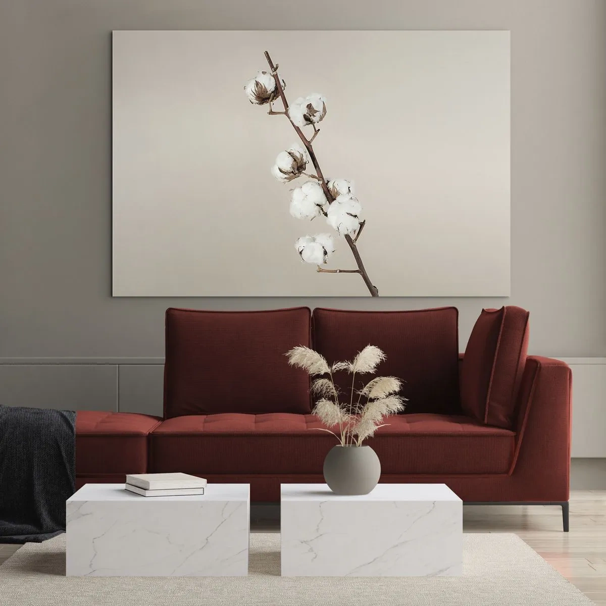 Quadro em vidro - Um raminho de algodão sobre um fundo claro e minimalista - 70x50cm - Na fonte da suavidade - Decoração de parede moderna para a sala de estar e quarto ARTTOR