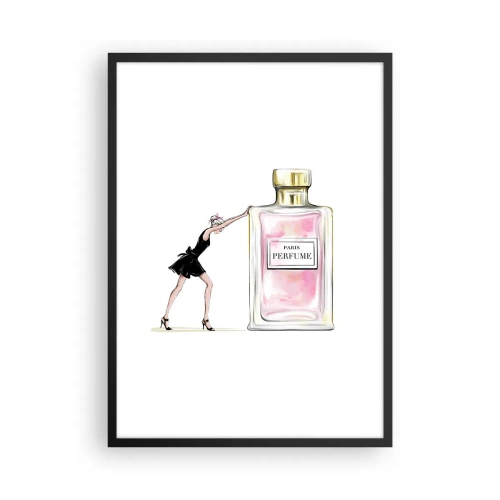Pôster com moldura preta - Ilustração de um frasco de perfume com a silhueta de uma mulher usando um vestido - 50x70cm - A essência da feminilidade - Decoração de parede moderna para a sala de estar e quarto ARTTOR