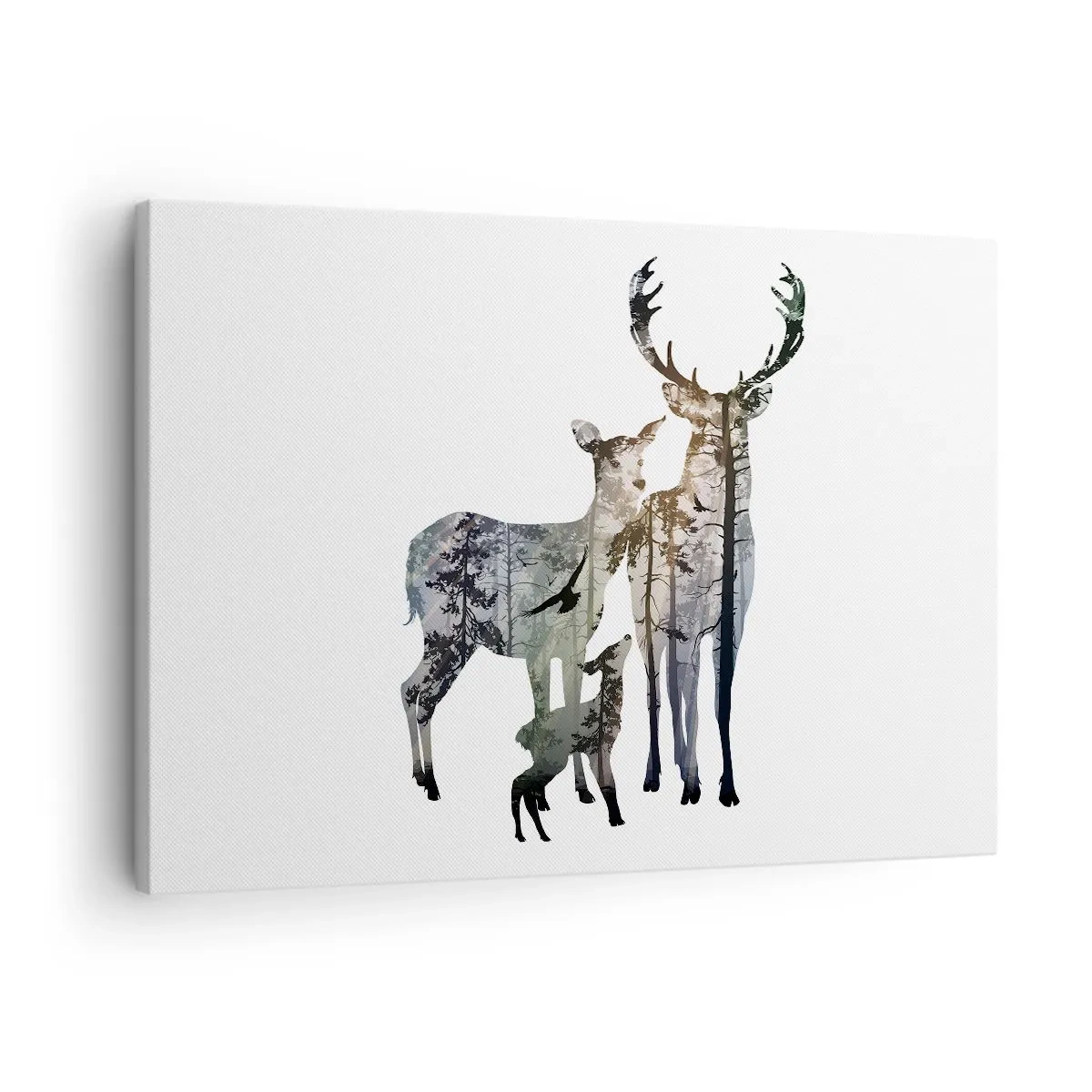 Quadro em tela - Paisagem florestal nas silhuetas de veados - 70x50cm - Fotografia de família - Decoração de parede moderna para a sala de estar e quarto ARTTOR