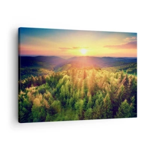 Quadro em tela - Paisagem florestal com pôr do sol sobre as colinas - 70x50cm - Picos e cumes - Decoração de parede moderna para a sala de estar e quarto ARTTOR