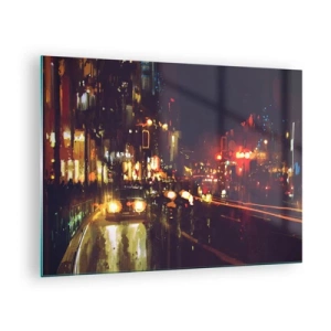 Quadro em vidro - Paisagem noturna da cidade com carros e postes de luz - 70x50cm - Imerso nas luzes da noite - Decoração de parede moderna para a sala de estar e quarto ARTTOR