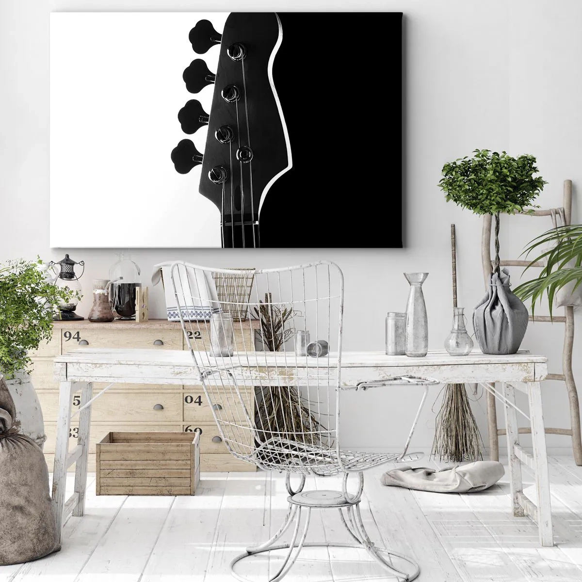 Quadro em tela - Silhueta preta e branca de um headstock de baixo - 70x50cm - Silêncio rochoso - Decoração de parede moderna para a sala de estar e quarto ARTTOR