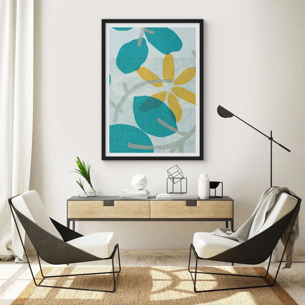 Pôster com moldura preta - Gráficos botânicos modernos em tons de azul e amarelo - 50x70cm - Entre as folhas azuis - Decoração de parede moderna para a sala de estar e quarto ARTTOR