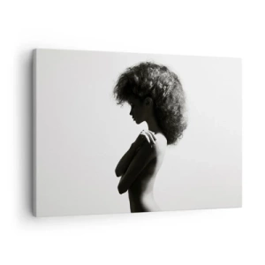 Quadro em tela - Uma silhueta sutil de uma mulher em tons de preto e branco sobre um fundo claro - 70x50cm - Como uma flor em um caule fino - Decoração de parede moderna para a sala de estar e quarto ARTTOR