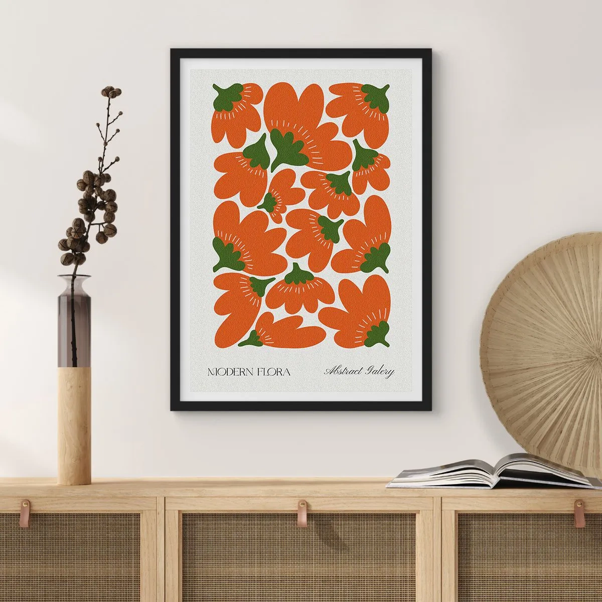 Pôster com moldura preta - Flores laranja abstratas em um fundo claro - 50x70cm - Da vida das flores - Decoração de parede moderna para a sala de estar e quarto ARTTOR