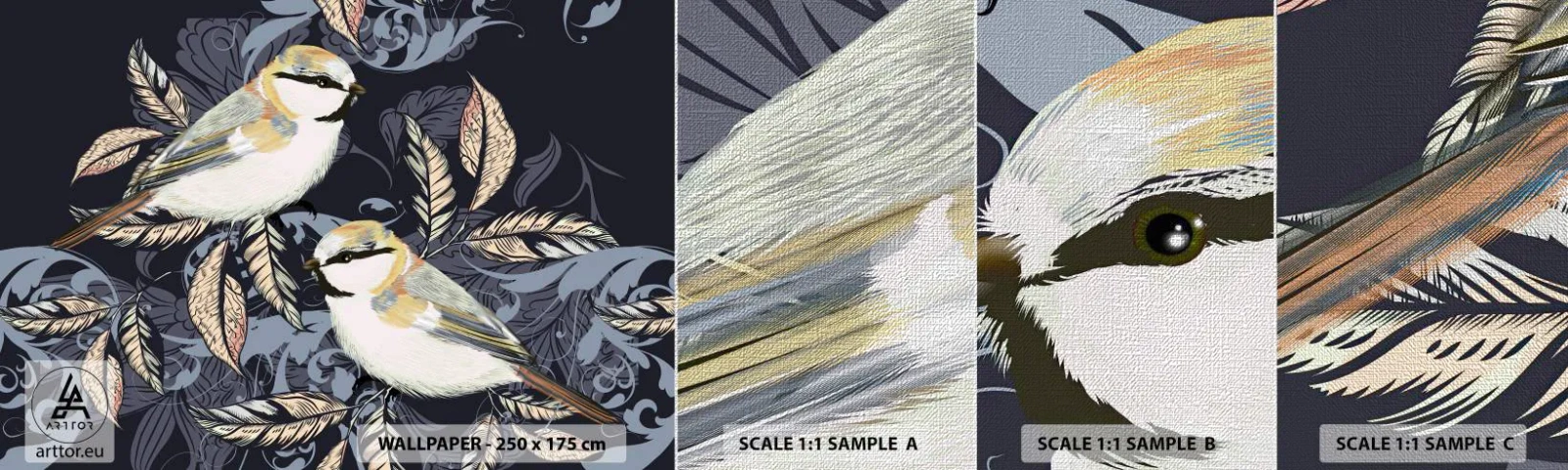 Amostra de papel de parede Premium Canvas - Canto amarelo-azul - Abstração, Pássaros, Folhas - 100x30 cm