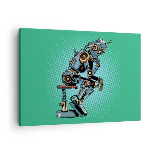 Quadro em tela - Robô pensador estilo pop art em um fundo verde - 70x50cm - Sobre a essência do ser - Decoração de parede moderna para a sala de estar e quarto ARTTOR