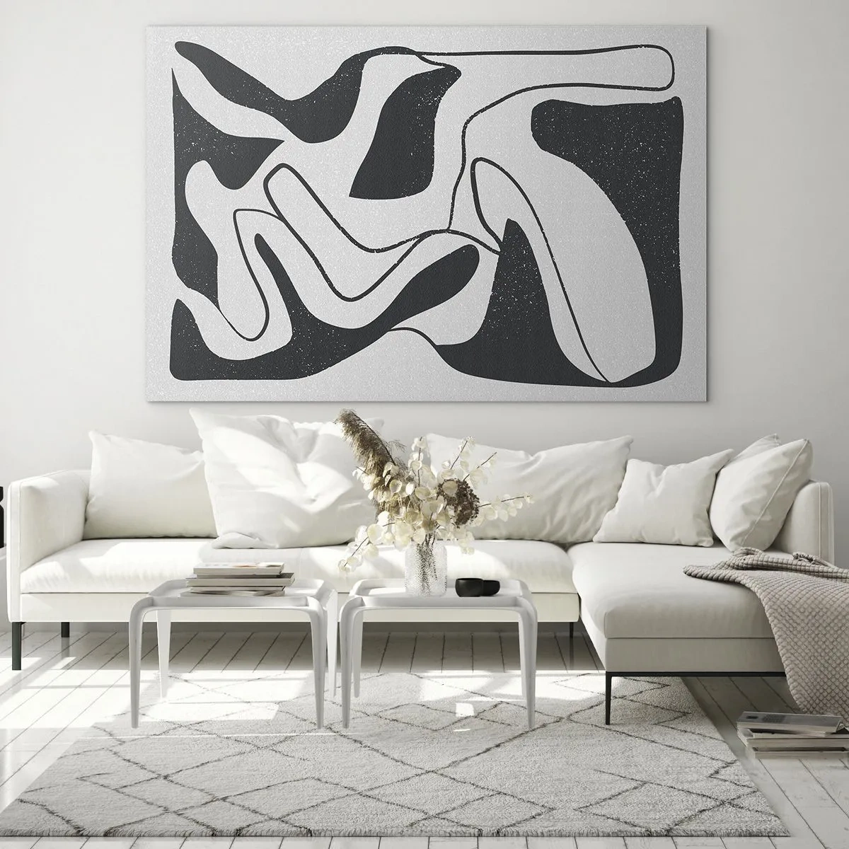 Quadro em vidro - Formas abstratas em preto e branco que lembram um labirinto - 70x50cm - Labirinto abstrato divertido - Decoração de parede moderna para a sala de estar e quarto ARTTOR