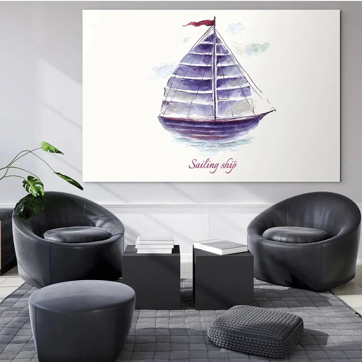 Quadro em vidro - Aquarela de veleiro com a inscrição Veleiro - 70x50cm - Cheio de velas e águas calmas - Decoração de parede moderna para a sala de estar e quarto ARTTOR