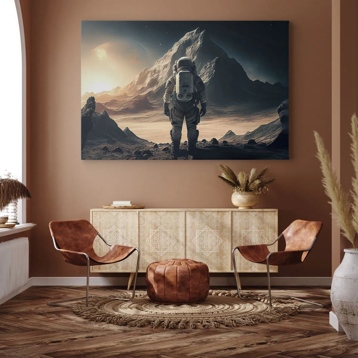 Quadro em tela - Astronauta com o cenário de montanhas majestosas - 70x50cm - Novo desafio - Decoração de parede moderna para a sala de estar e quarto ARTTOR