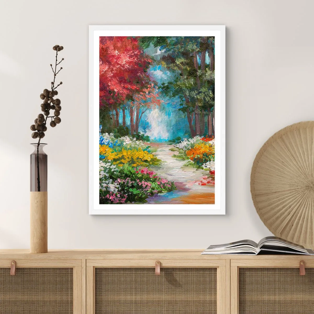 Pôster em moldura branca - Jardim florestal, floresta florida - 40x50 cm