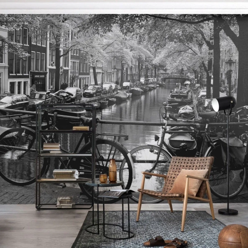 Papel de Parede Premium Sand - Vista muito holandesa - Amsterdã, Bicicleta, Arquitetura - 100x70 cm