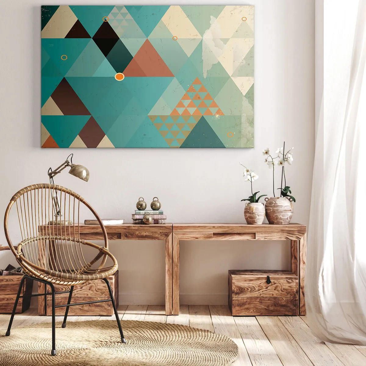 Quadro em tela - Padrões geométricos em tons de turquesa e marrom - 70x50cm - A unidade de muitos, os muitos da unidade - Decoração de parede moderna para a sala de estar e quarto ARTTOR
