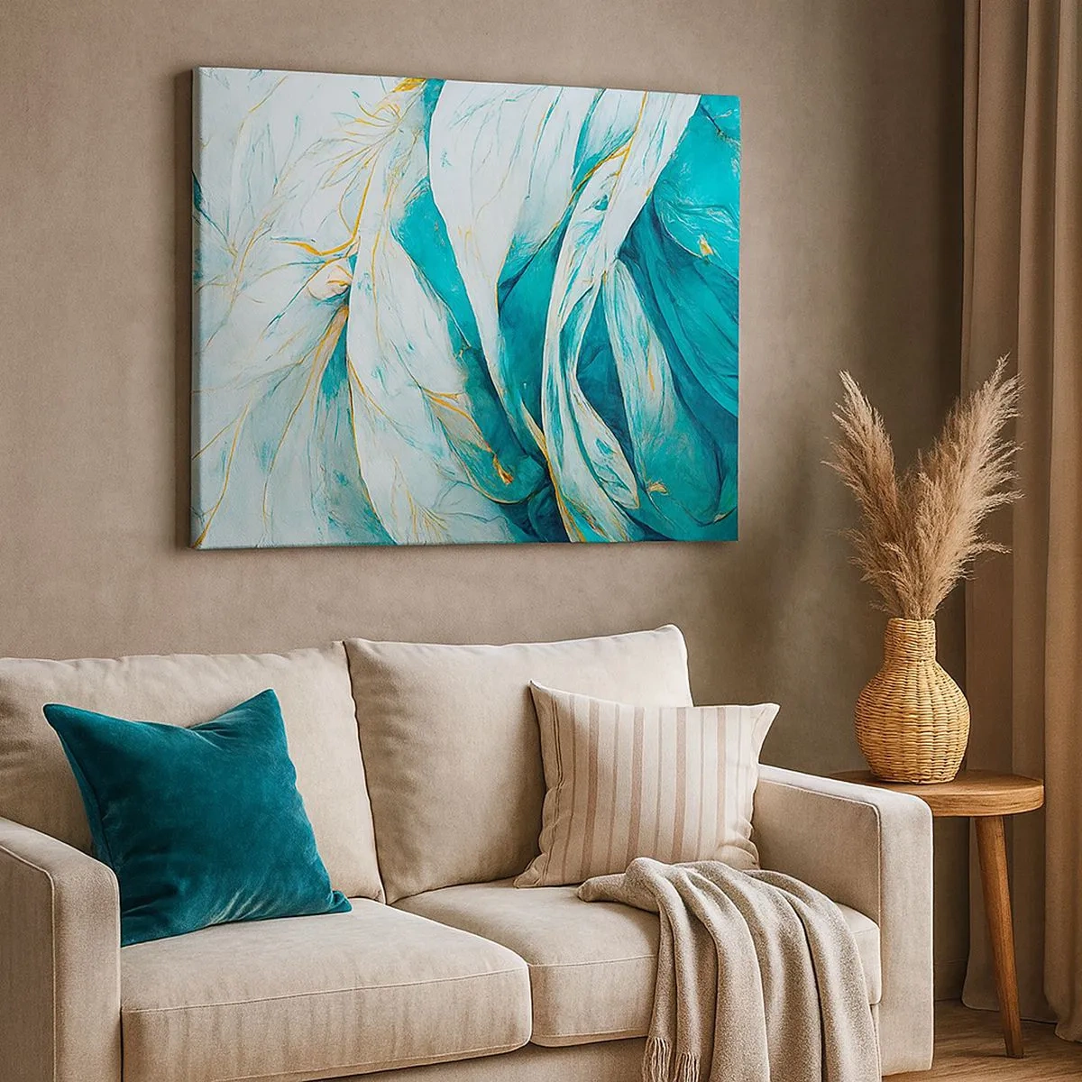 Quadro em tela - Folhas azuis abstratas com detalhes dourados - 70x50cm - Abstração azul com lema dourado - Decoração de parede moderna para a sala de estar e quarto ARTTOR