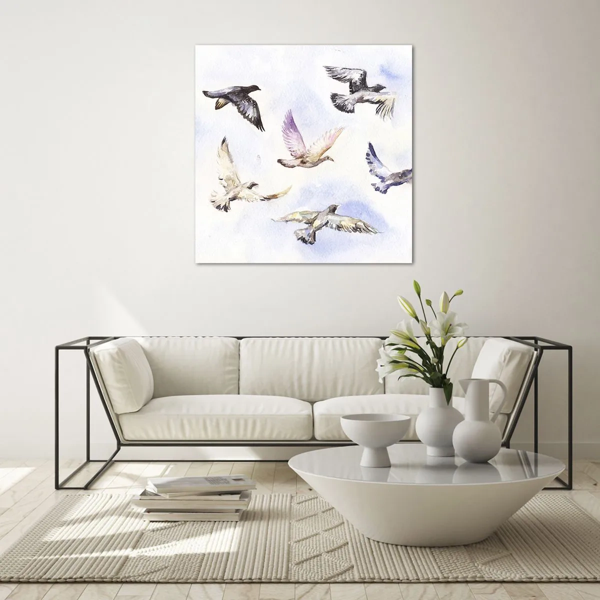 Quadro em vidro - Liberdade em cinza e azul - 50x50 cm