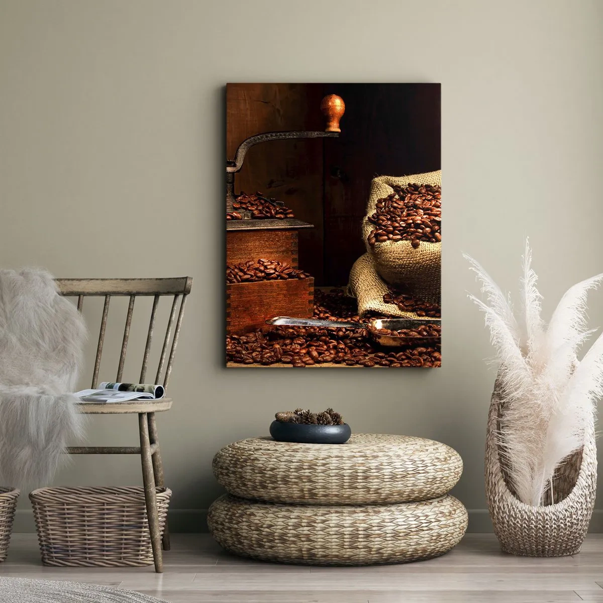 Quadro em tela - Natureza morta com grãos de café e moedor - 50x70 cm