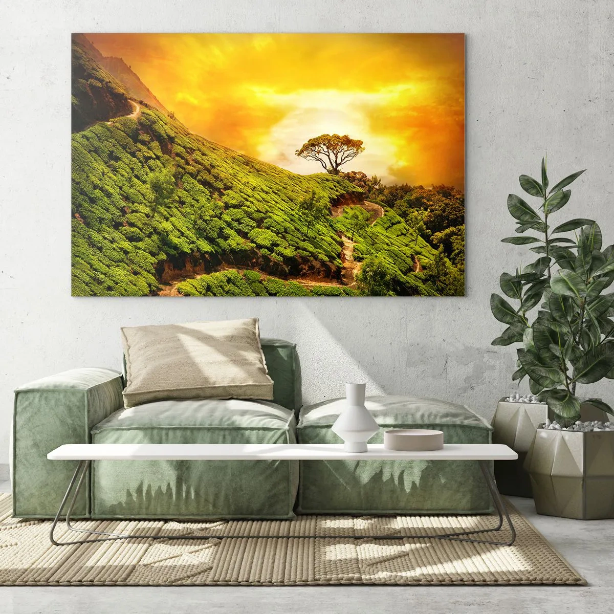 Quadro em vidro - Colinas verdes com uma árvore solitária ao pôr do sol - 70x50cm - Um caminho sinuoso, uma encosta verde - Decoração de parede moderna para a sala de estar e quarto ARTTOR