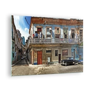 Quadro em vidro - Rua retrô com prédios clássicos e um carro - 70x50cm - Vibrações de Havana - Decoração de parede moderna para a sala de estar e quarto ARTTOR