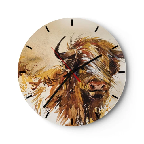 Relógio de parede - Relógio em vidro - Uma ilustração pintada de um touro escocês com pelo esvoaçante - 30x30cm - Orgulho do caçador - Decoração de parede moderna para a sala de estar, cozinha e quarto ARTTOR