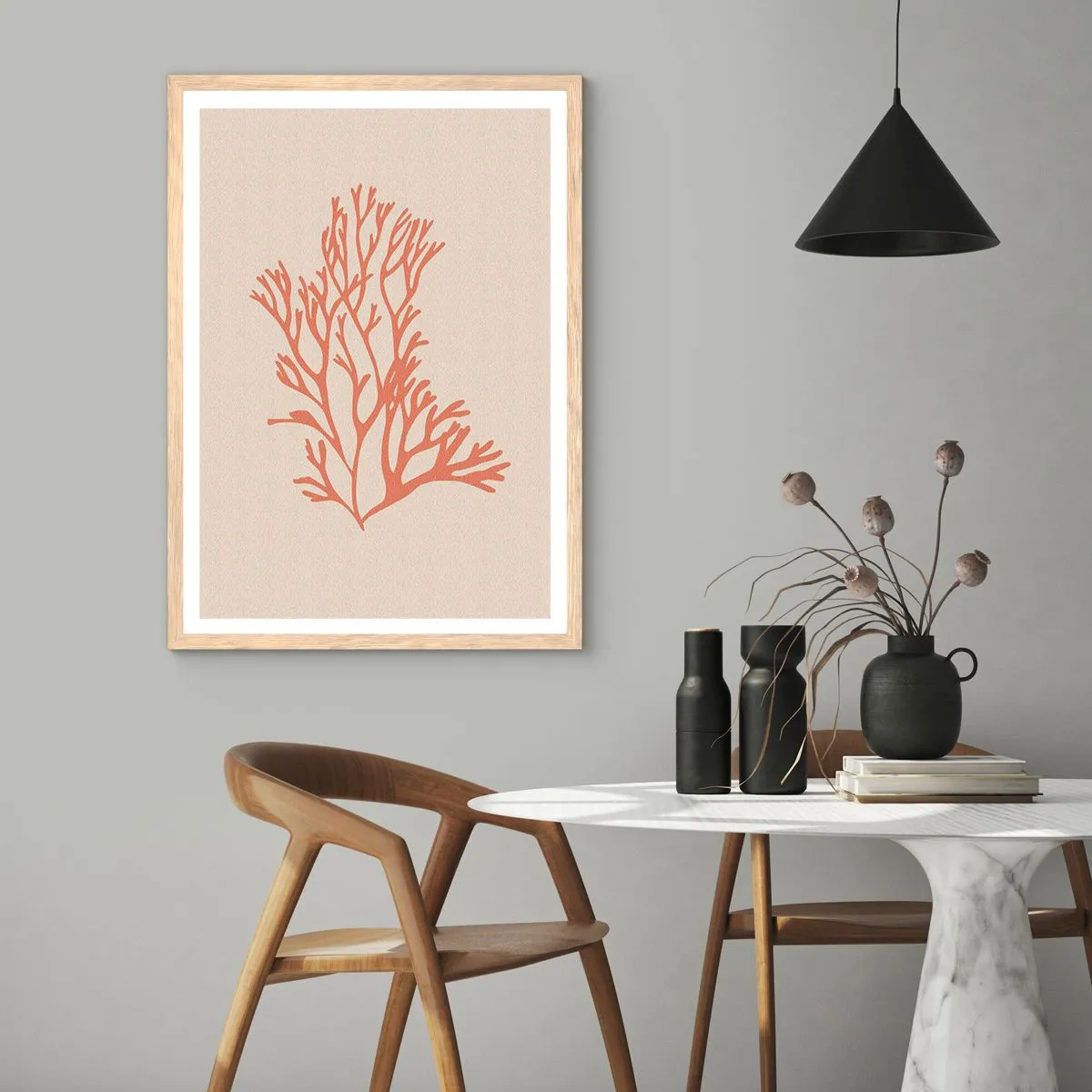 Pôster com moldura de carvalho claro - Filigrana coral - 40x50 cm