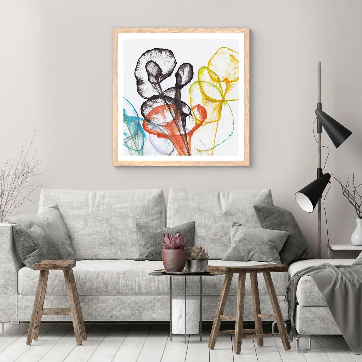 Pôster com moldura de carvalho claro - Flores com alma - 40x40 cm