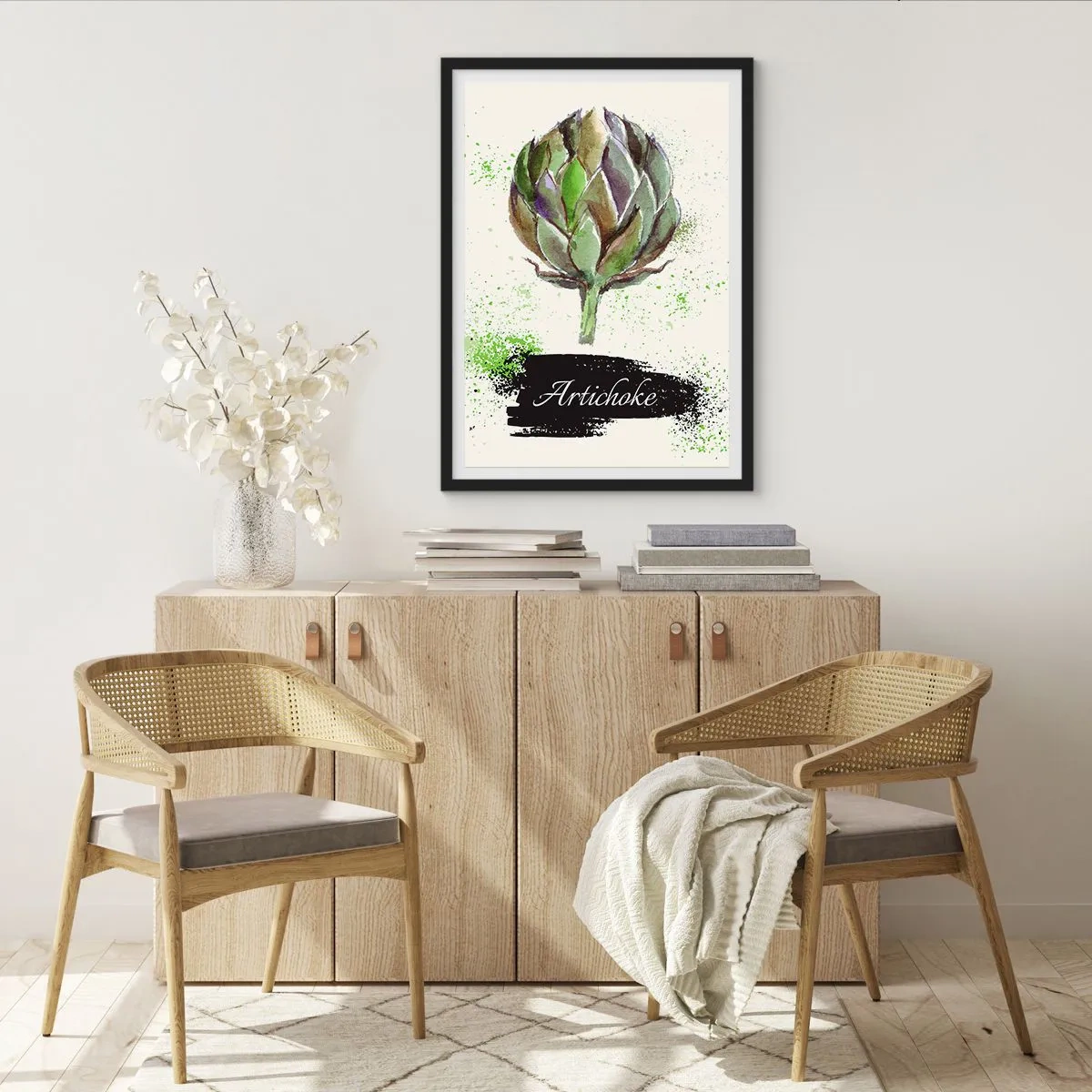 Pôster com moldura preta - Ilustração em aquarela de uma alcachofra sobre fundo claro - 50x70cm - Viva os vegetais! - Decoração de parede moderna para a sala de estar e quarto ARTTOR