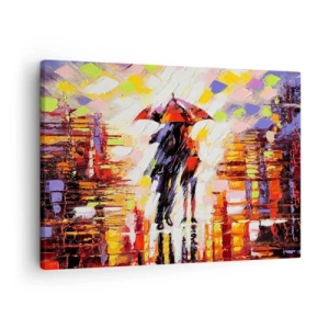 Quadro em tela - Uma cena abstrata de uma caminhada sob um guarda-chuva em uma noite chuvosa. - 70x50cm - Juntos durante a noite e a chuva - Decoração de parede moderna para a sala de estar e quarto ARTTOR