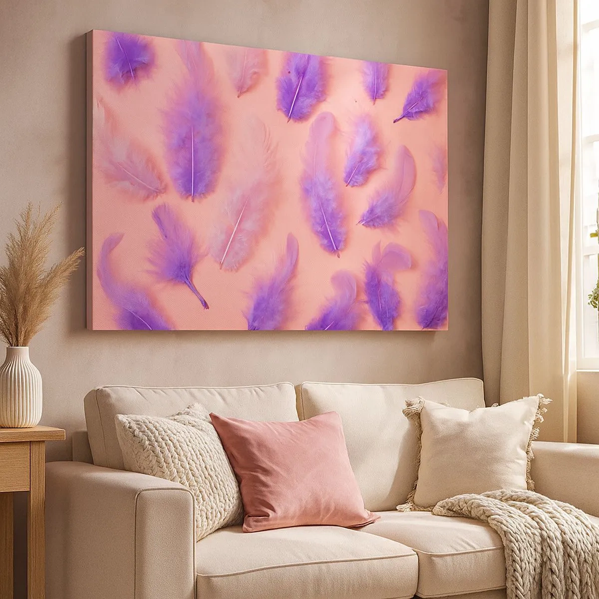 Quadro em tela - Penas roxas e rosa em um fundo pastel - 70x50cm - Ave lilás do desejo - Decoração de parede moderna para a sala de estar e quarto ARTTOR