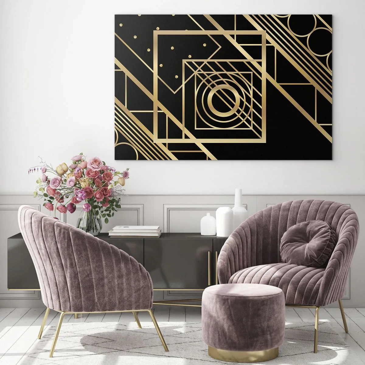 Quadro em vidro - Padrões geométricos dourados em um fundo preto - 70x50cm - Geometria dourada - Decoração de parede moderna para a sala de estar e quarto ARTTOR