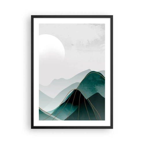 Pôster com moldura preta - Montanhas abstratas em tons de verde com delicado dourado - 50x70cm - Em plena majestade - Decoração de parede moderna para a sala de estar e quarto ARTTOR