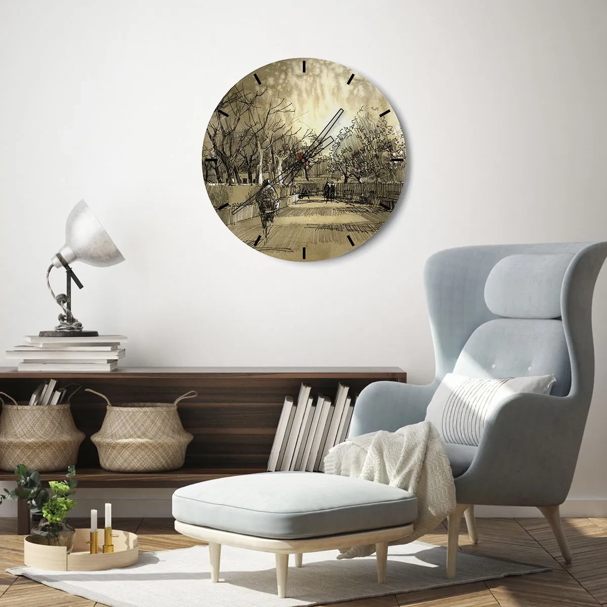 Relógio de parede - Relógio em vidro - Esboço de um passeio em um parque com caminhos e árvores - 30x30cm - Um momento capturado por uma pena - Decoração de parede moderna para a sala de estar, cozinha e quarto ARTTOR