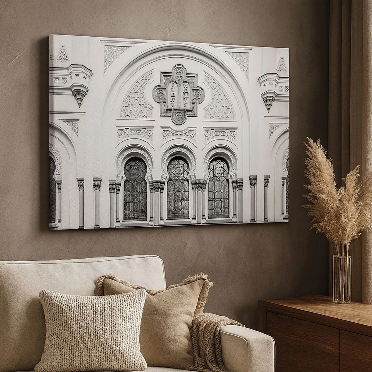 Quadro em tela - Detalhes arquitetônicos da fachada em estilo monocromático - 70x50cm - Na fronteira das culturas - Decoração de parede moderna para a sala de estar e quarto ARTTOR