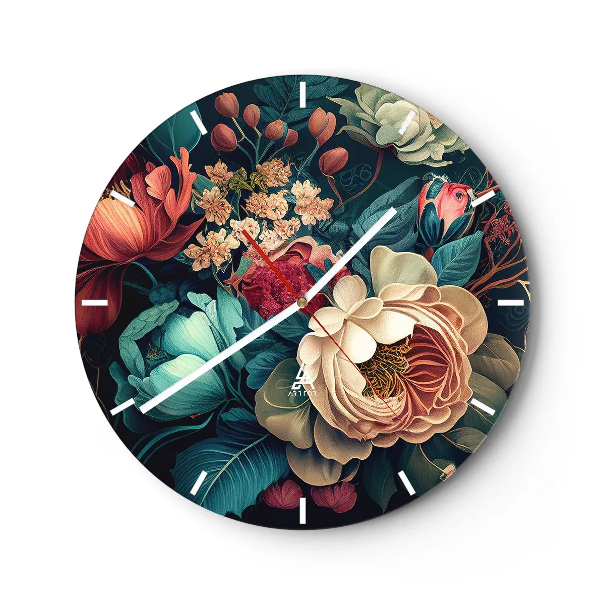 Relógio de parede - Relógio em vidro - Padrão floral com grandes flores em tons pastel e bordô - 30x30cm - Charme do século 19 - Decoração de parede moderna para a sala de estar, cozinha e quarto ARTTOR