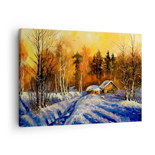 Quadro em tela - Paisagem de inverno com uma casa à luz do pôr do sol - 70x50cm - Impressão de inverno ao sol - Decoração de parede moderna para a sala de estar e quarto ARTTOR