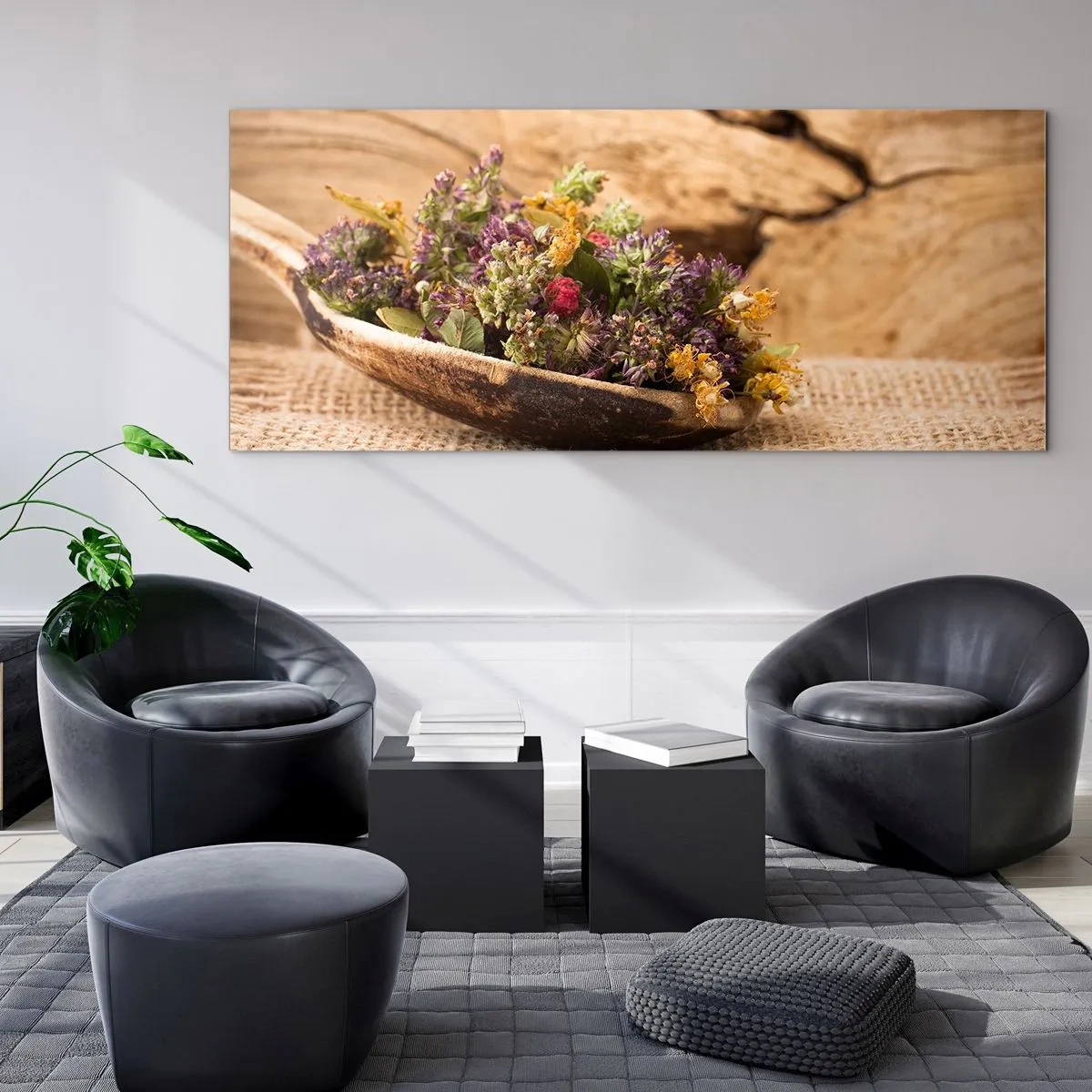 Quadro em vidro - Flores coloridas e ervas aromáticas - 90x30 cm