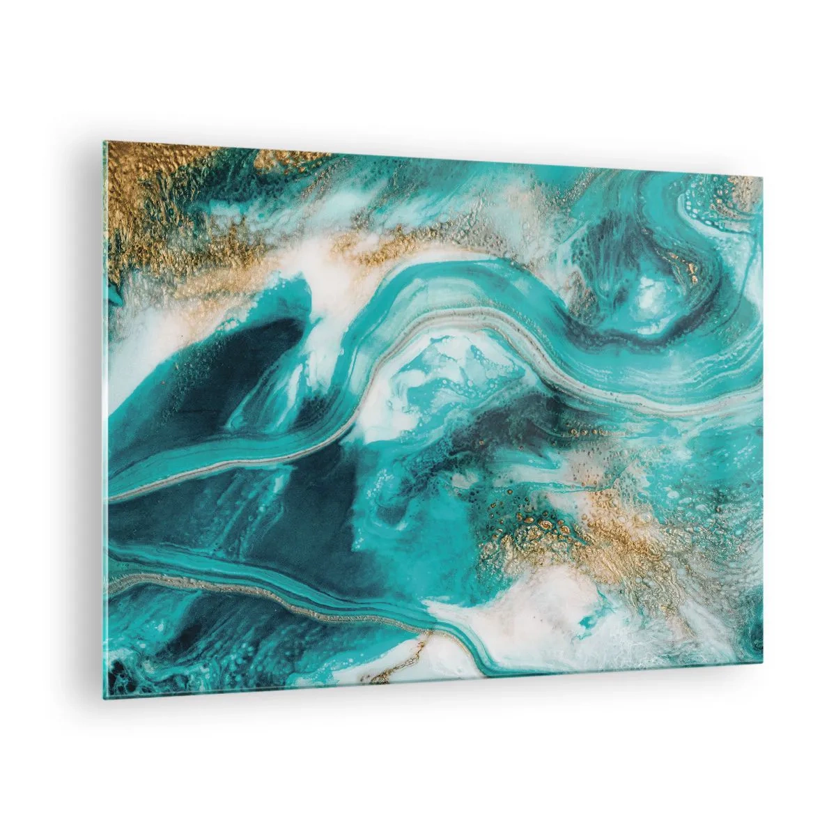 Quadro em vidro - Uma composição abstrata em turquesa com detalhes dourados. - 70x50cm - Rio do Ouro - Decoração de parede moderna para a sala de estar e quarto ARTTOR