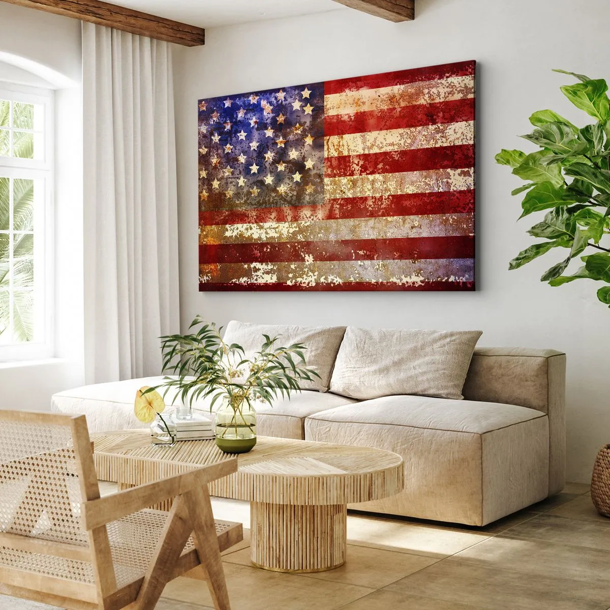 Quadro em tela - Bandeira dos EUA estilizada com efeito envelhecido - 70x50cm - A glória não será esquecida - Decoração de parede moderna para a sala de estar e quarto ARTTOR