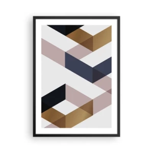 Pôster com moldura preta - Formas geométricas em tons de dourado, preto e bege - 50x70cm - Planos e ângulos - Decoração de parede moderna para a sala de estar e quarto ARTTOR