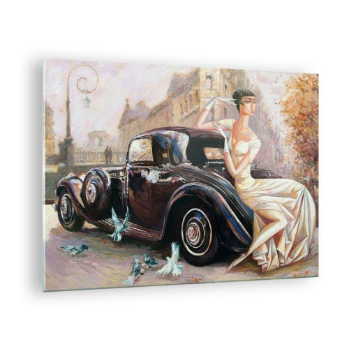 Quadro em vidro - Mulher elegante em um carro retrô em um ambiente urbano - 70x50cm - Elegância retro - Decoração de parede moderna para a sala de estar e quarto ARTTOR