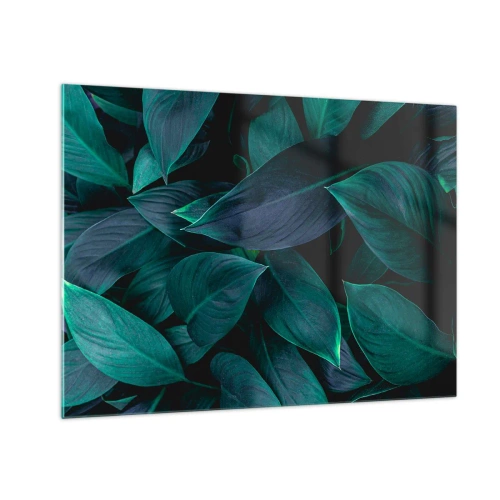 Quadro em vidro - Folhas verdes densas em um fundo escuro - 70x50cm - Verde em si - Decoração de parede moderna para a sala de estar e quarto ARTTOR