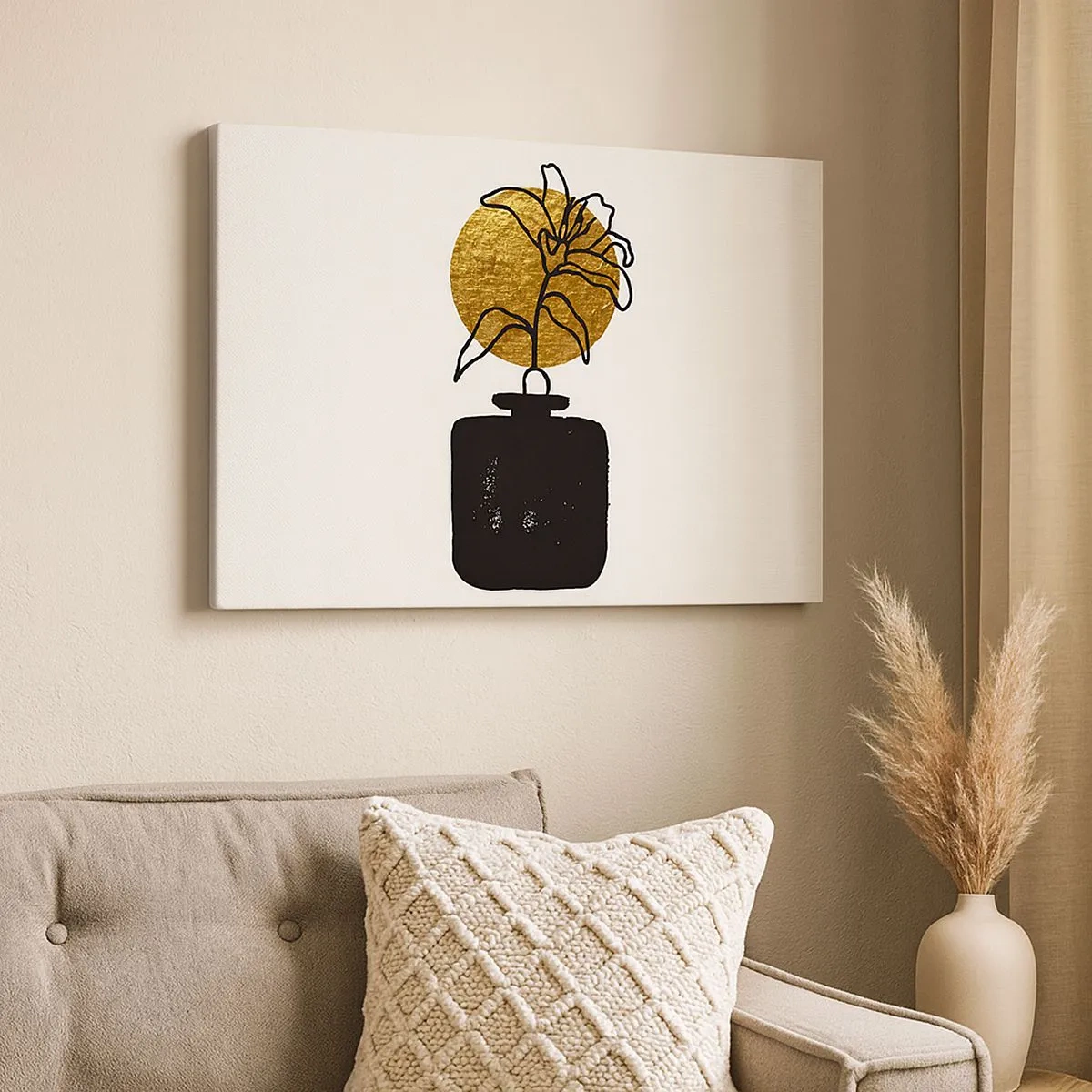 Quadro em tela - Um desenho de uma flor em um vaso contra um fundo de círculo dourado - 70x50cm - A beleza vale seu peso em ouro - Decoração de parede moderna para a sala de estar e quarto ARTTOR