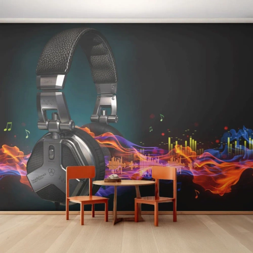 Papel de Parede Autocolante Deluxe Sticker - No fogo da música - Abstração, Música, Fones de ouvido - 250x175 cm