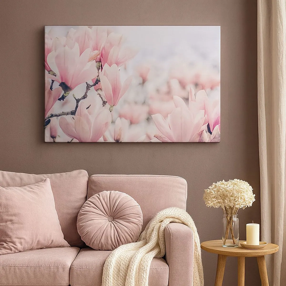 Quadro em tela - Flores sutis de magnólia em delicados tons de rosa - 70x50cm - O ideal da subtileza - Decoração de parede moderna para a sala de estar e quarto ARTTOR