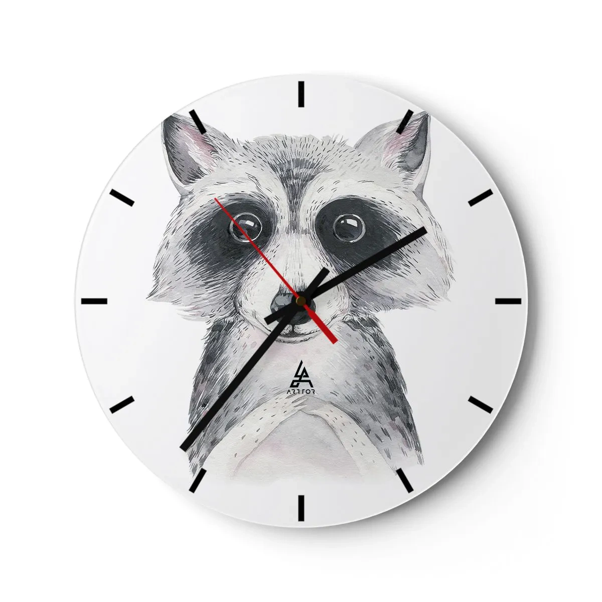 Relógio de parede - Relógio em vidro - Um guaxinim fofo desenhado em preto e branco - 30x30cm - Um momento de emoção - Decoração de parede moderna para a sala de estar, cozinha e quarto ARTTOR