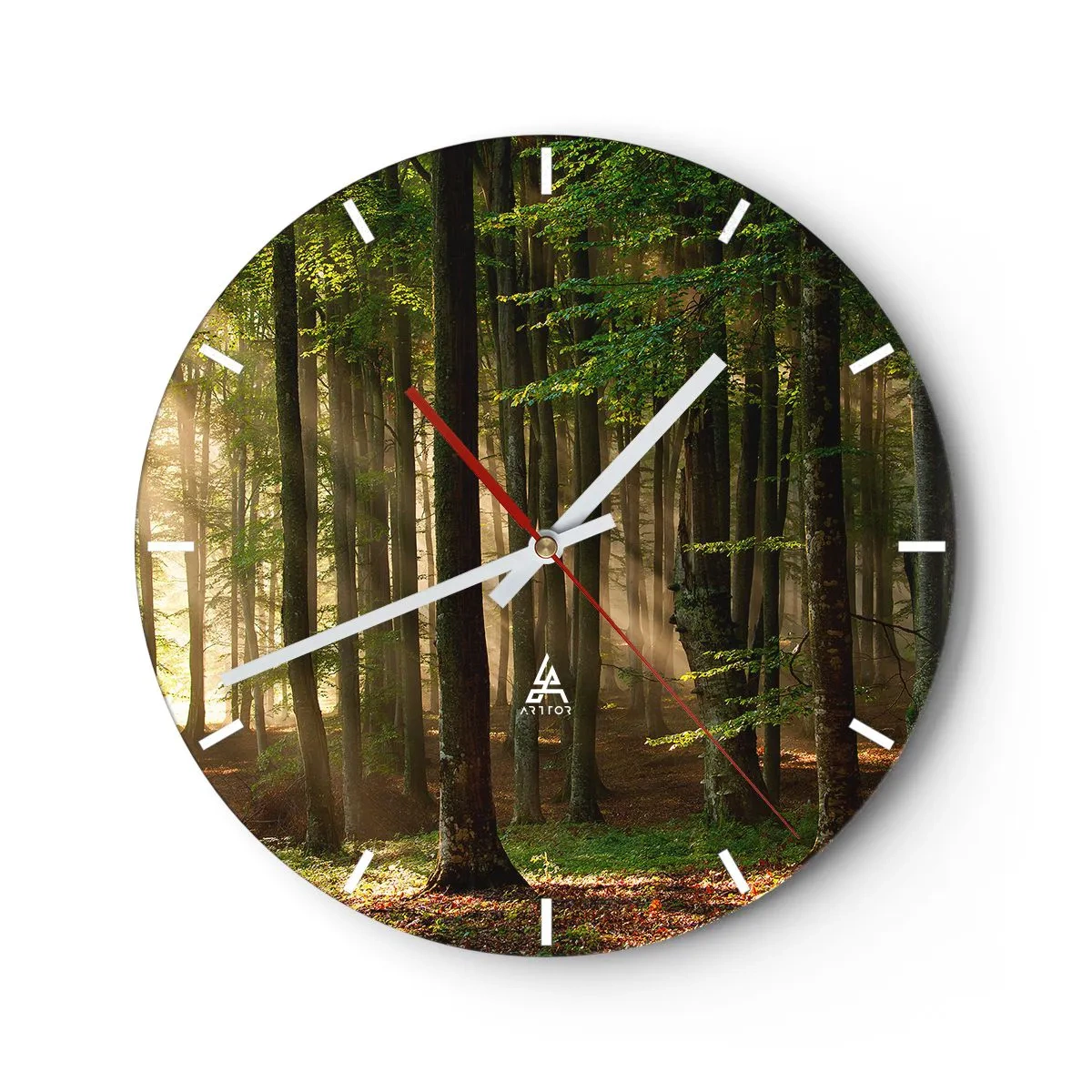 Relógio de parede - Relógio em vidro - Raios de sol brilhando através das árvores da floresta - 30x30cm - Radiante em uma manhã de primavera - Decoração de parede moderna para a sala de estar, cozinha e quarto ARTTOR